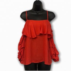 Symphony ruffle sleeve red cold shoulder blouse